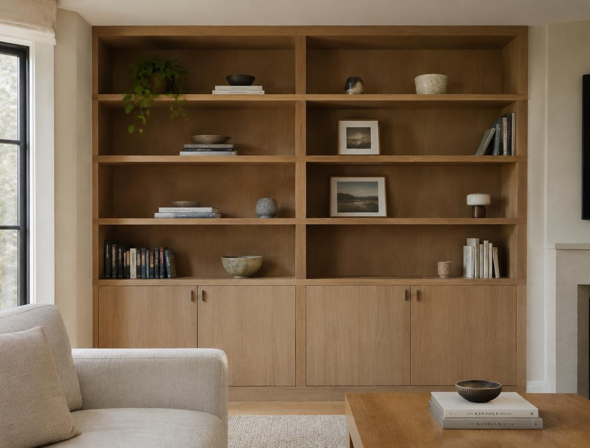 Eingebautes Eichenregal im Wohnzimmer