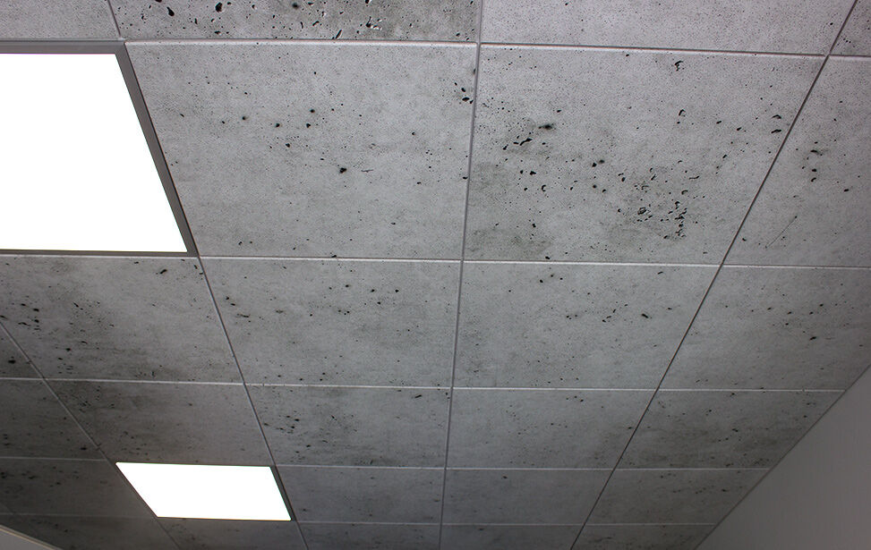 Moderne Deckenplatten in Betonoptik mit Einbauleuchten